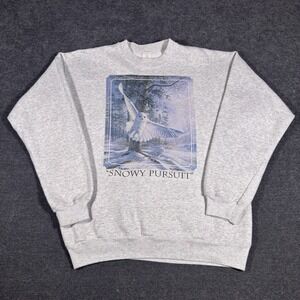 Vintage 1980s Nature Graphic Sweatshirt Snowy Owl Crewneck Heather Gray Large